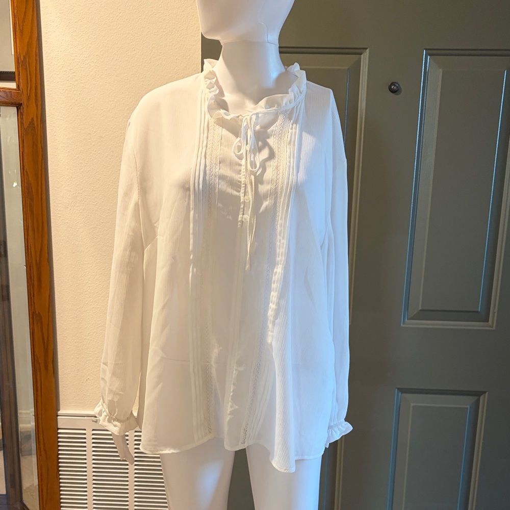 New York & Company Cream Ruffle Tie Blouse